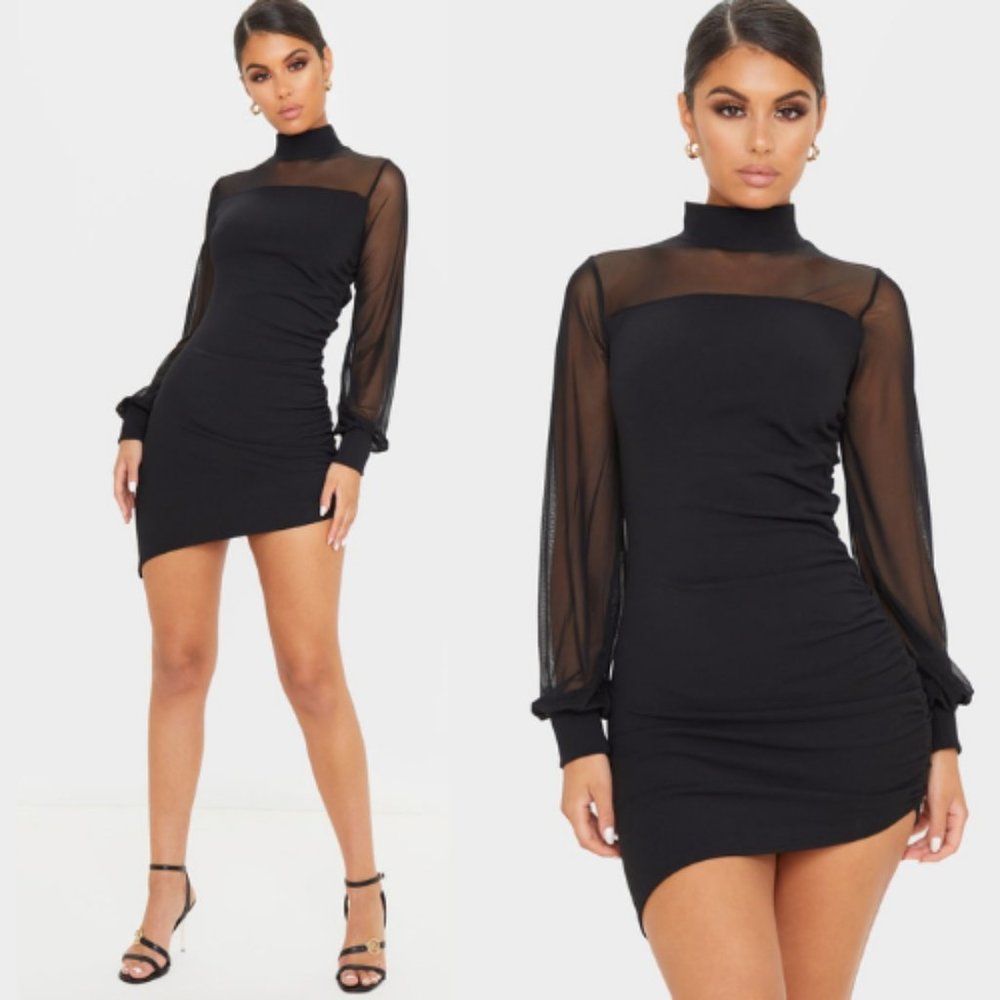 NWT Pretty Little Thing Black Mesh Bodycon Dress